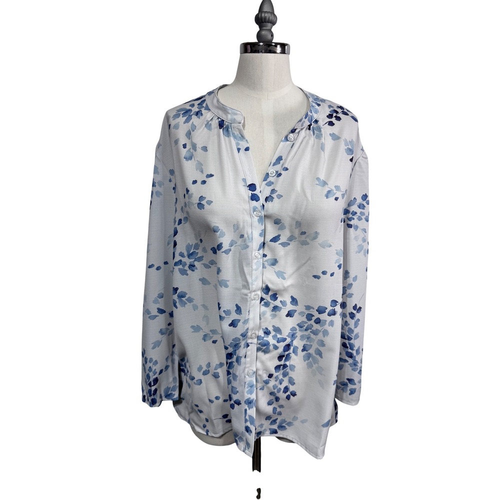 Hekka Women's Blue Floral Sheer Button Front‎ Blouse Long Sleeve Size M - Picture 2 of 8